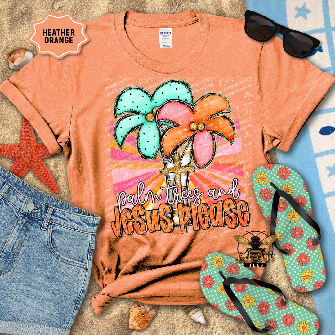 Orange t-shirt with palm tree design and text, sunglasses, jeans, and flip-flops on a textured surface.