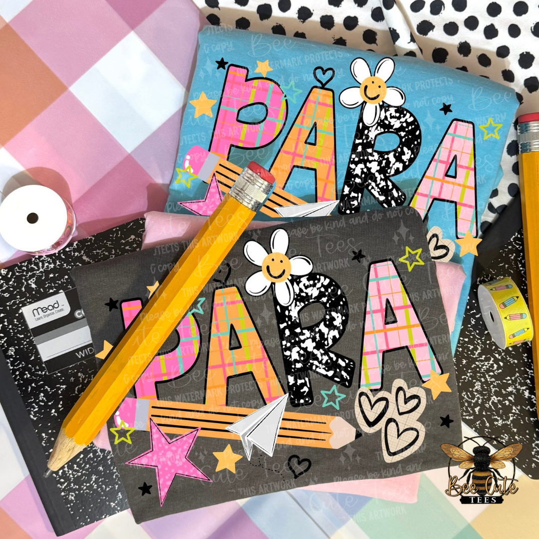 A styled flat-lay of two personalized notebooks with the word 'PARA' in colorful plaid, black-and-white speckled, and white daisy lettering, alongside yellow pencils, a spool of white thread, and patterned paper.