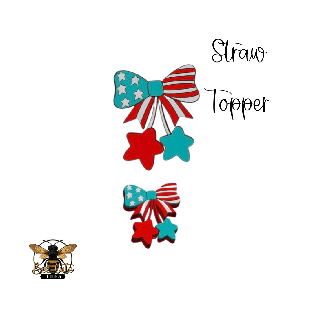 Two patriotic-themed straw toppers with stars and stripes on a white background.