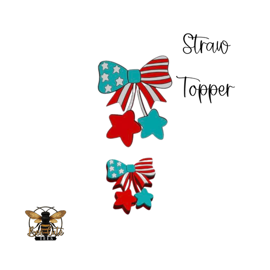 Two patriotic-themed straw toppers with stars and stripes on a white background.