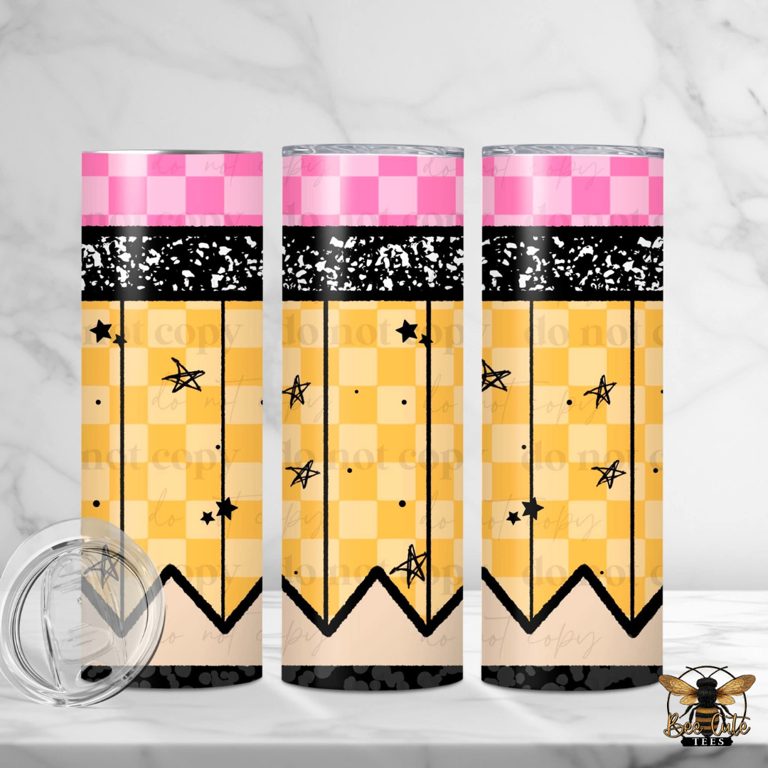 Three cylindrical tumblers with a checkered pattern and star designs on a white background.