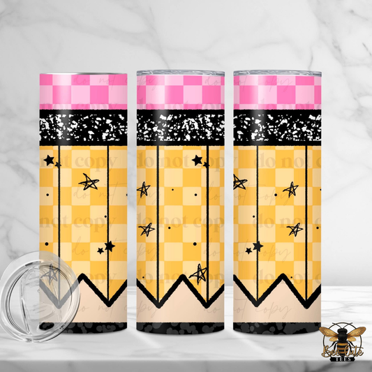 Three cylindrical tumblers with a checkered pattern and star designs on a white background.