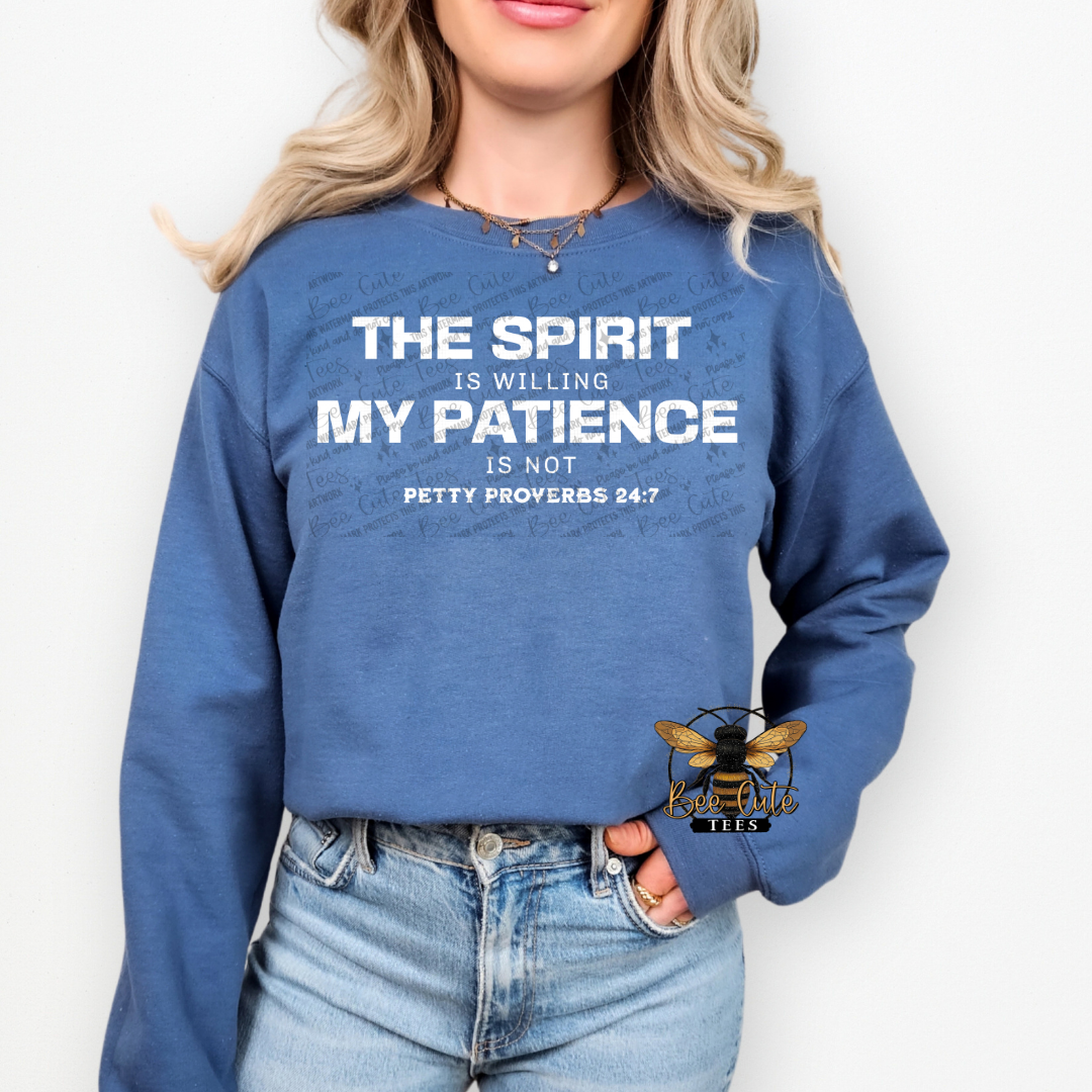 Person wearing a blue sweatshirt with a motivational quote on a white background