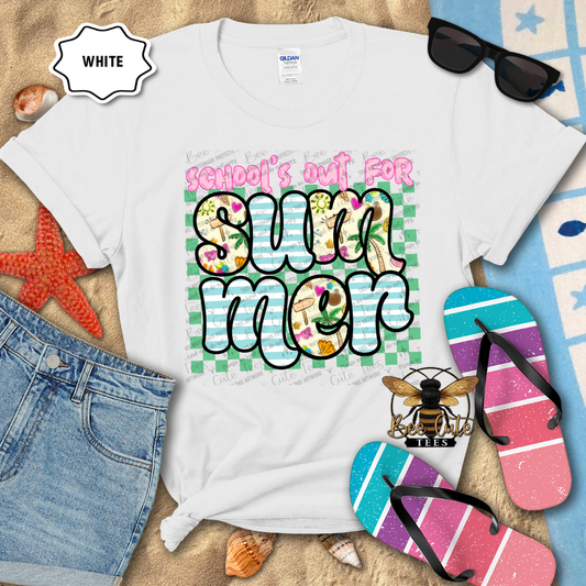 White t-shirt with 'School's out for Summer' design on a beach-themed background with sunglasses, flip-flops, and denim shorts.