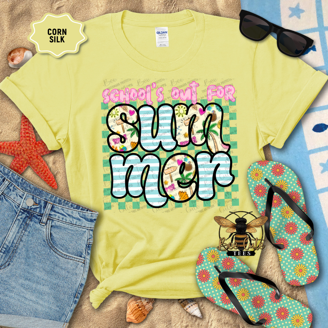 Yellow t-shirt with 'School's out for Summer' text, sunglasses, and flip-flops on a beach-themed background.