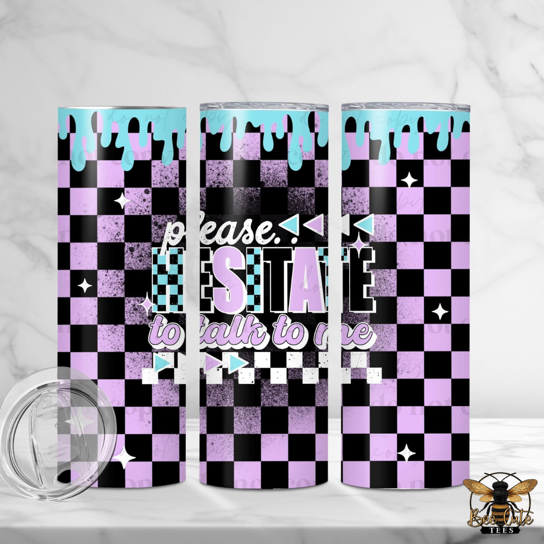 Three tumblers with a checkered pattern and text on a white background