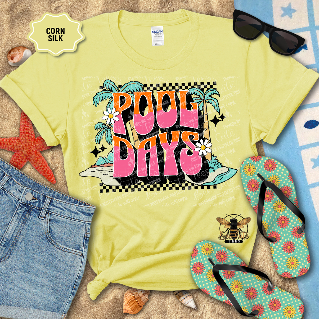 Yellow t-shirt with 'Pool Days' design on a beach-themed background with sunglasses, flip-flops, and denim shorts.