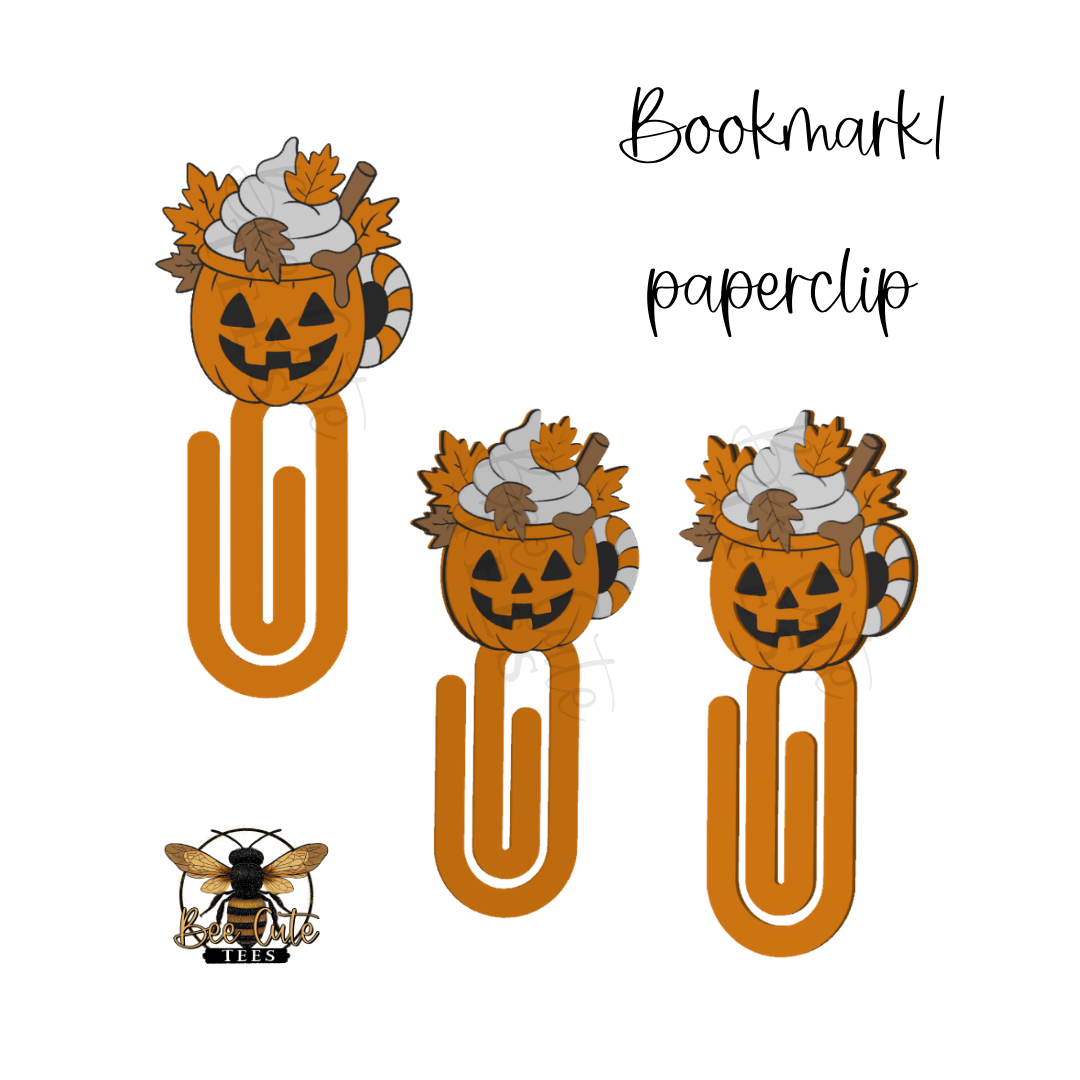 Three Halloween-themed paperclip bookmarks featuring jack-o'-lantern faces, autumn leaves, pinecones, and whipped cream, shown on a white background with the text 'Bookmark paperclip' and a bee logo.