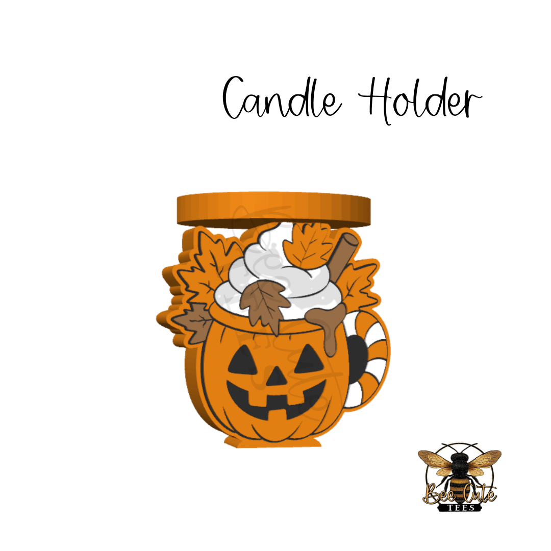 A Halloween-themed candle holder shaped like a jack-o'-lantern pumpkin bucket with autumn leaves and a candle sticking out, shown on a white background with the text 'Candle Holder' and a small bee logo in the bottom right.