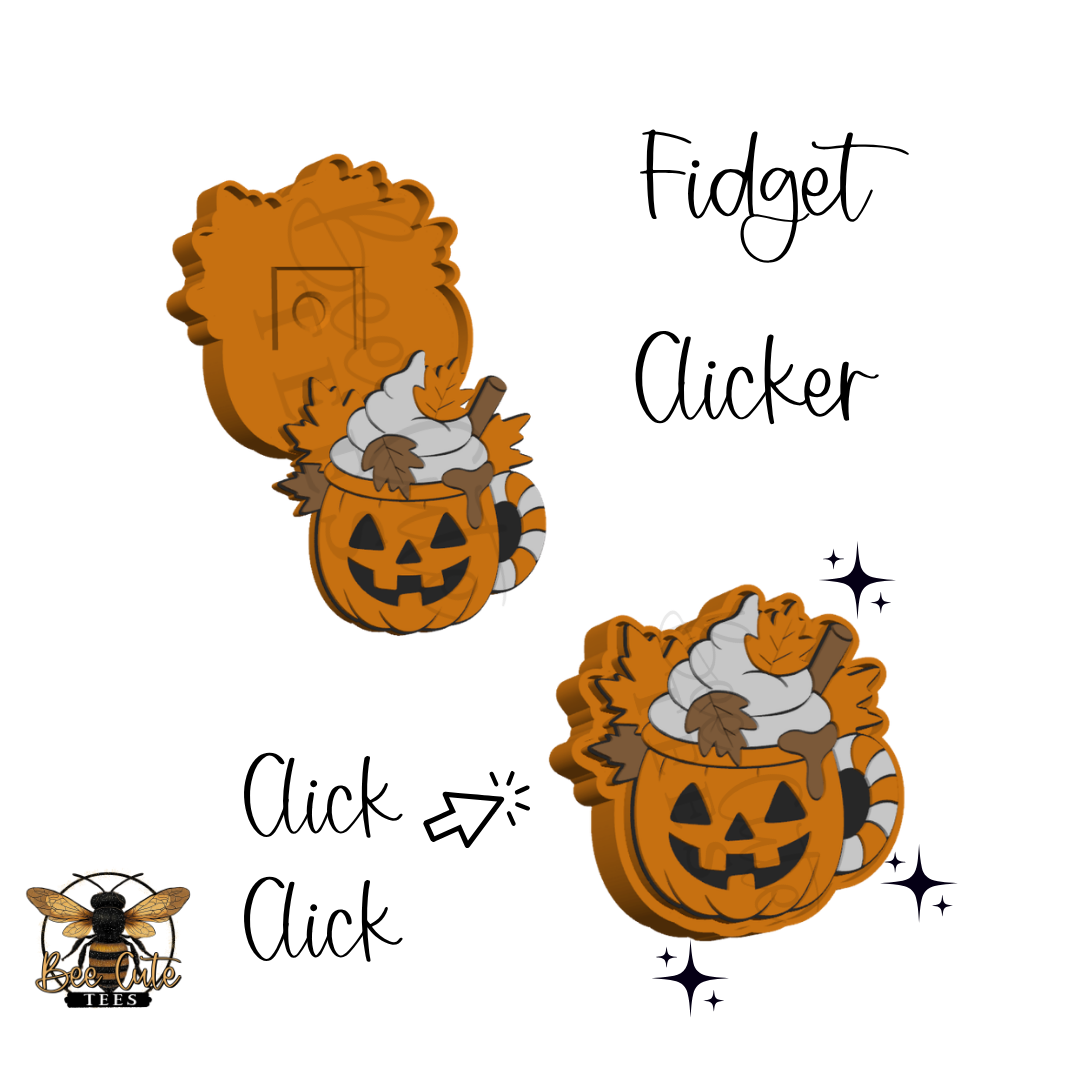 A Halloween-themed fidget clicker shown in two states: closed and open, with text reading 'Fidget Clicker' and 'Click Click'. The clicker features a jack-o'-lantern bucket filled with whipped cream, and autumn leaves.