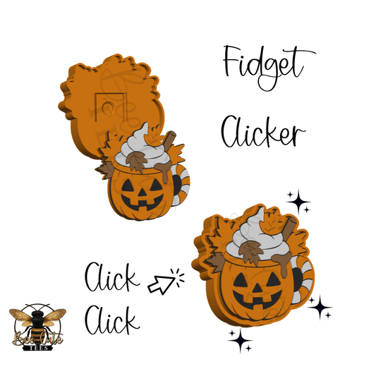 A Halloween-themed fidget clicker shown in two states: closed and open, with text reading 'Fidget Clicker' and 'Click Click'. The clicker features a jack-o'-lantern bucket filled with whipped cream, and autumn leaves.