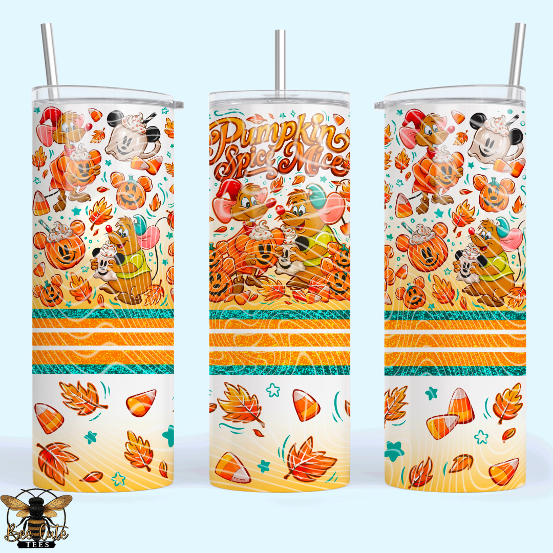 Three views of a clear plastic tumbler with a lid and straw, decorated with a colorful 'Pumpkin Spice Mice' autumn theme print featuring pumpkins, leaves, candy corn, and mouse silhouettes, set against a light blue background.