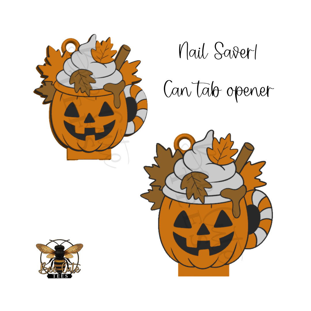 A Halloween-themed nail saver can tab opener shown in two views on a white background, with the text 'Nail Saver! Can tab opener.' The design features a jack-o'-lantern pumpkin filled with whipped cream, autumn leaves, and a cinnamon stick, with a striped handle and hanging loop.