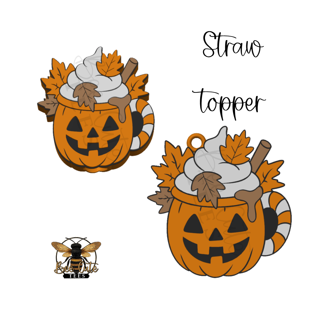 A Halloween-themed straw topper design shown twice on a white background, with the words 'Straw topper' beside it. The topper features an orange jack-o'-lantern mug filled with whipped cream, autumn leaves, and a cinnamon stick, with a striped handle.