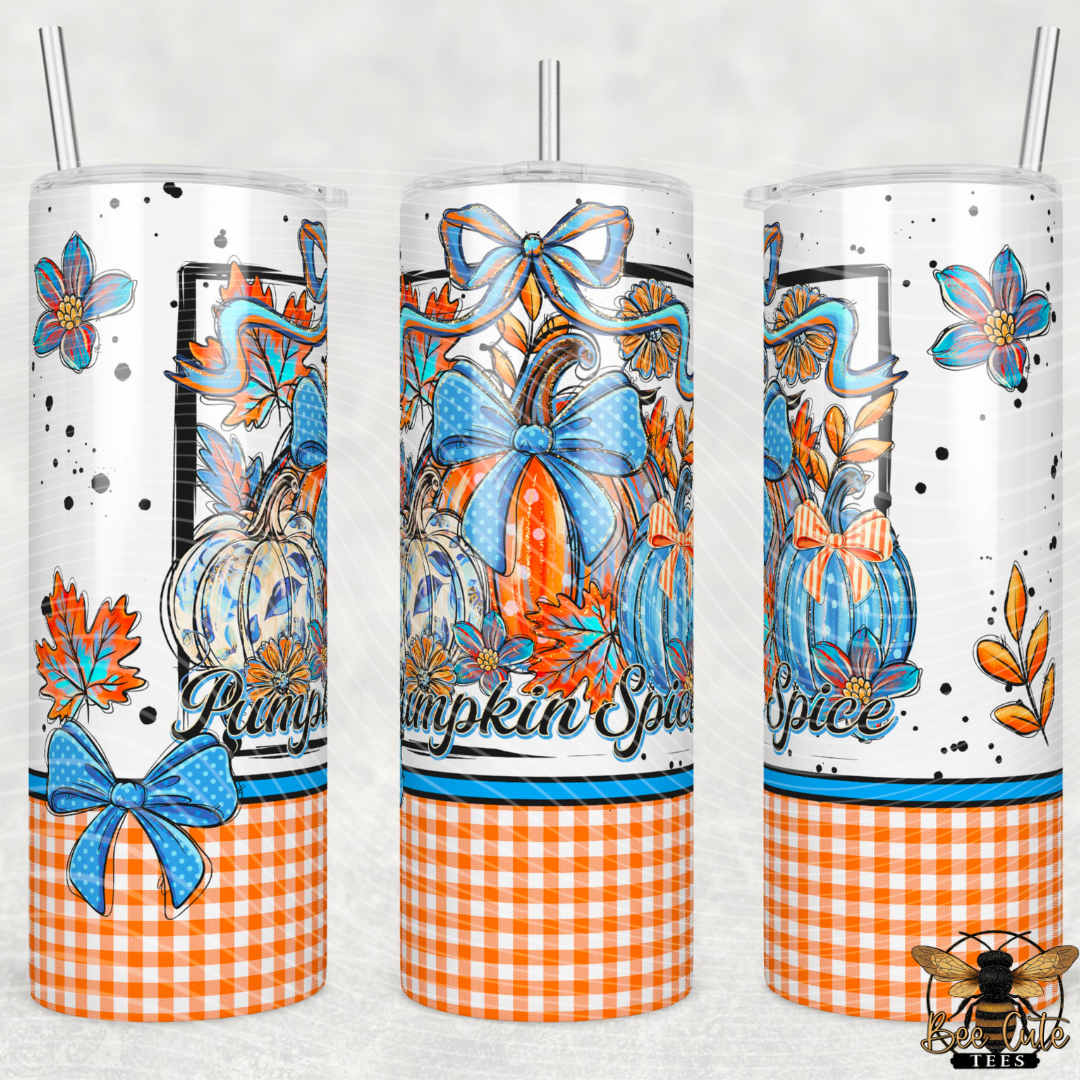 Three tall skinny tumblers with straws shown from front and side angles on a light textured background. The tumblers feature a white upper section with autumn illustrations including pumpkins, blue bows, orange leaves, flowers, and black speckles, plus an orange-and-white gingham lower band.