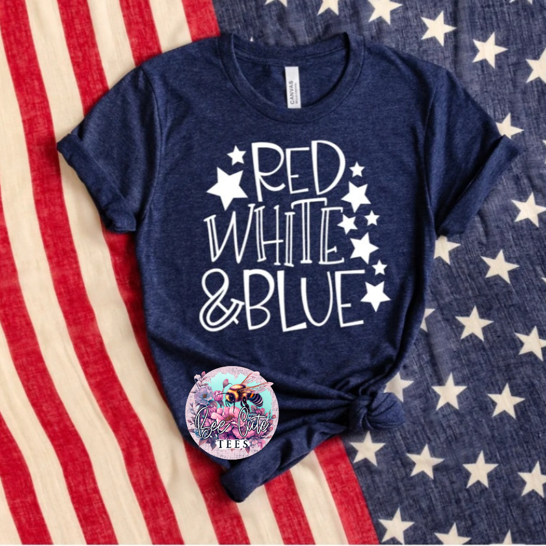 Navy blue t-shirt with 'Red White & Blue' text on an American flag background