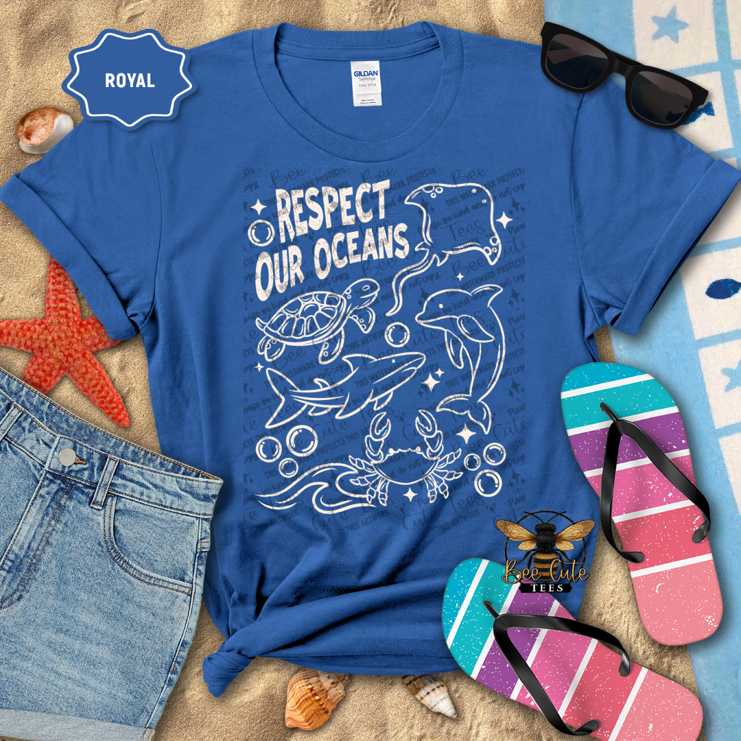 Blue t-shirt with 'Respect Our Oceans' design, sunglasses, and flip-flops on a beach-themed background.