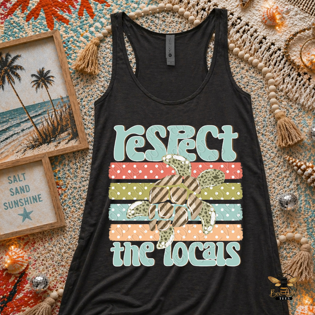 Black tank top with 'Respect the Locals' design on a decorative background with palm trees and beach elements.