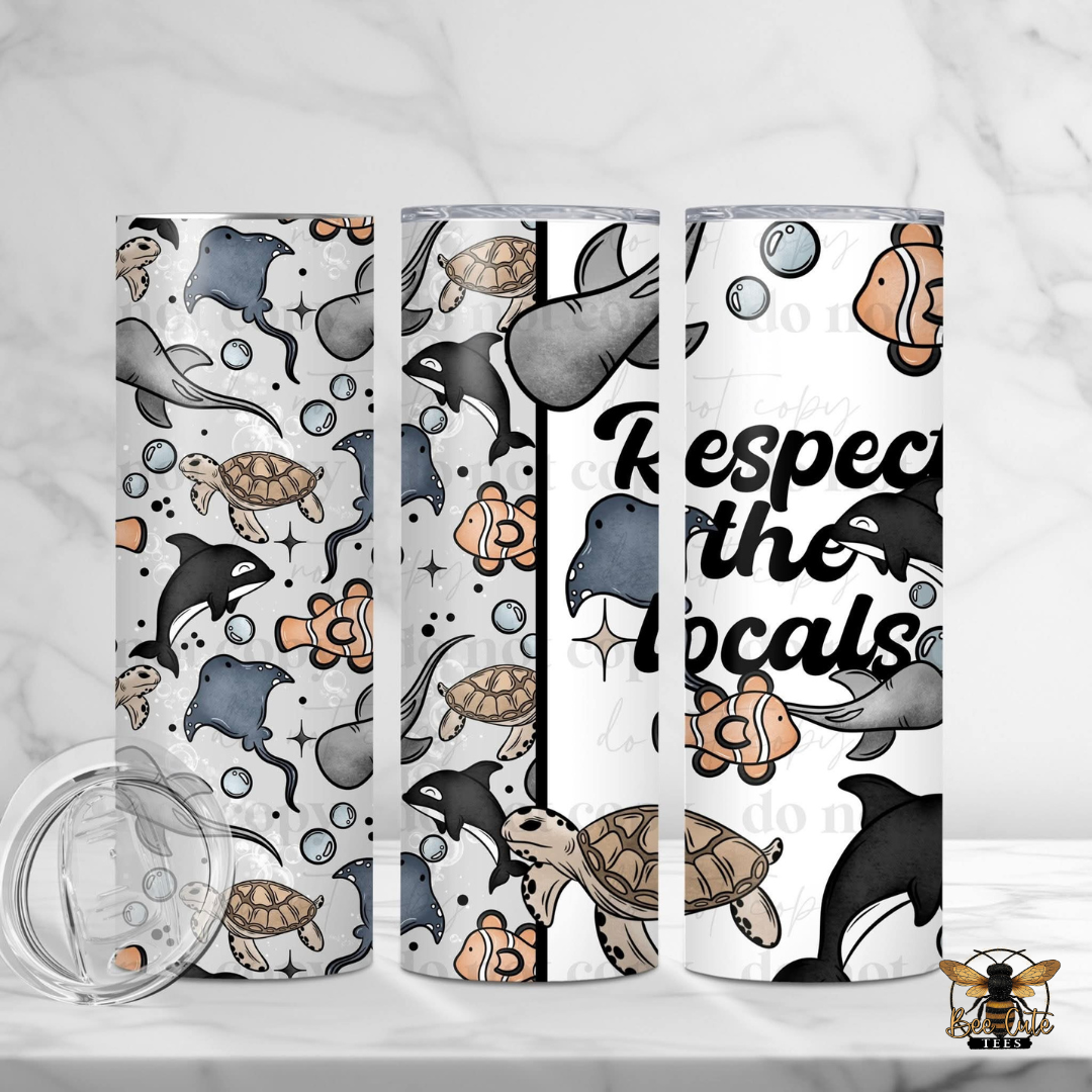 Three tumblers with ocean-themed designs and text on a white background