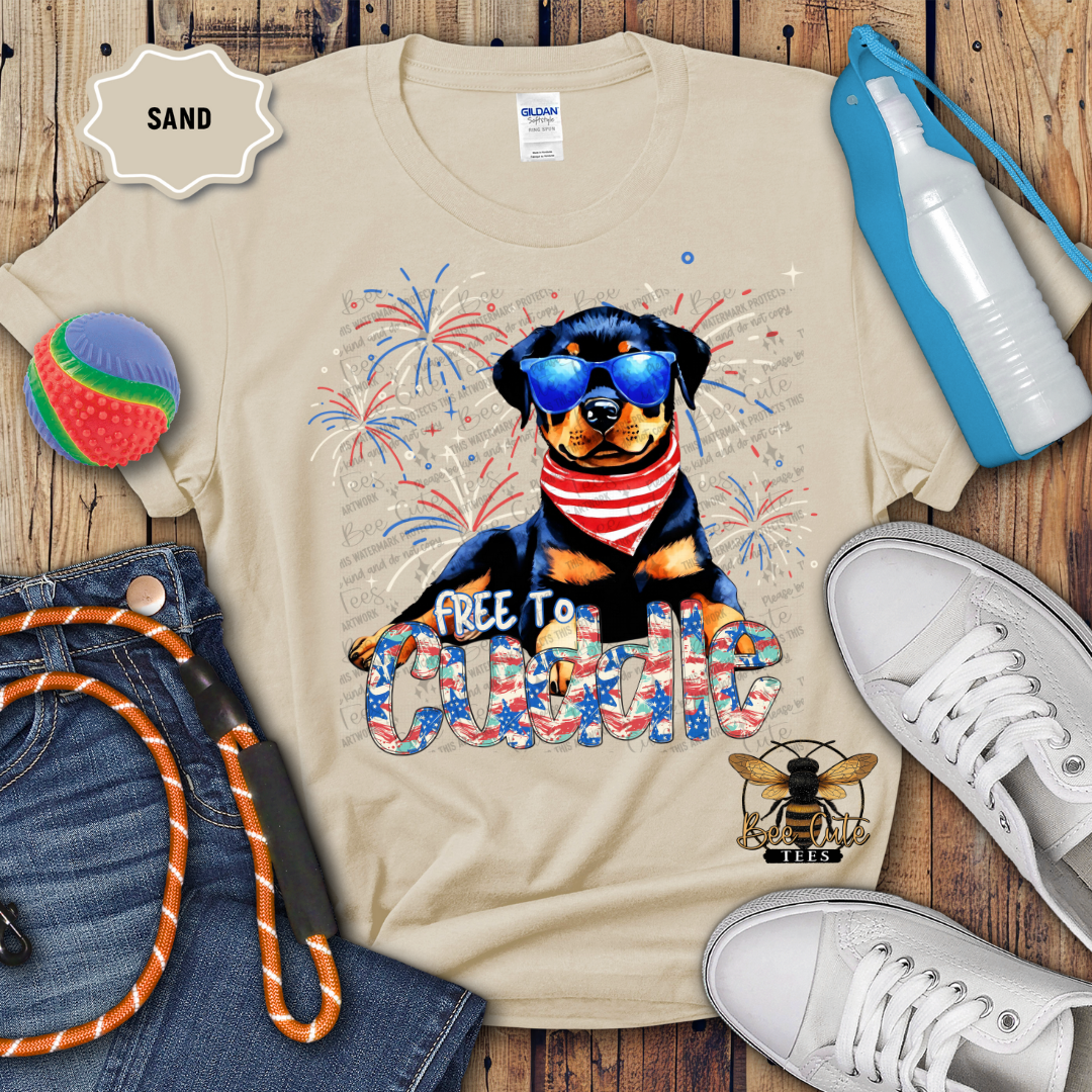 A beige short-sleeved t-shirt with a graphic print of a Rottweiler wearing sunglasses and a neck tie, surrounded by firework-like patterns, accompanied by a pair of blue jeans, a pair of white sneakers, a water bottle, and a beach ball.
