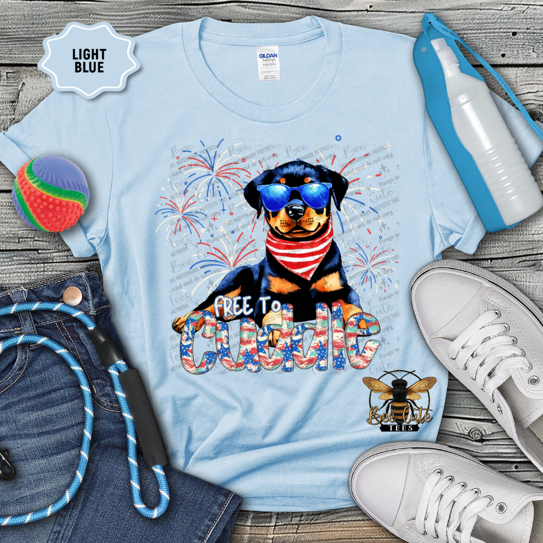 Light blue t-shirt with a dog graphic and text, surrounded by jeans, shoes, and accessories on a wooden surface.