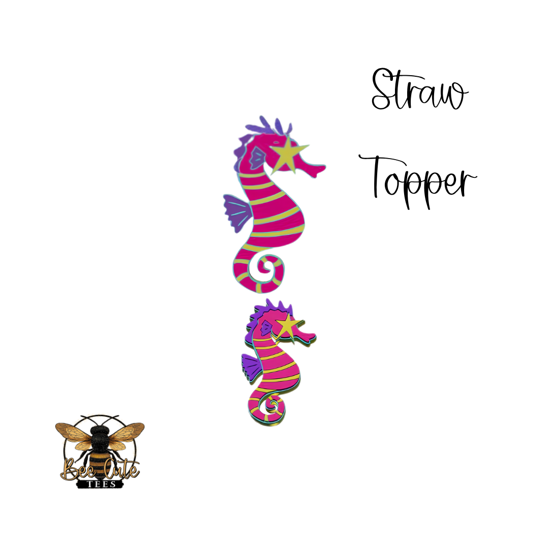 Colorful striped seahorse straw topper with 'Straw Topper' text and a bee logo on a white background.