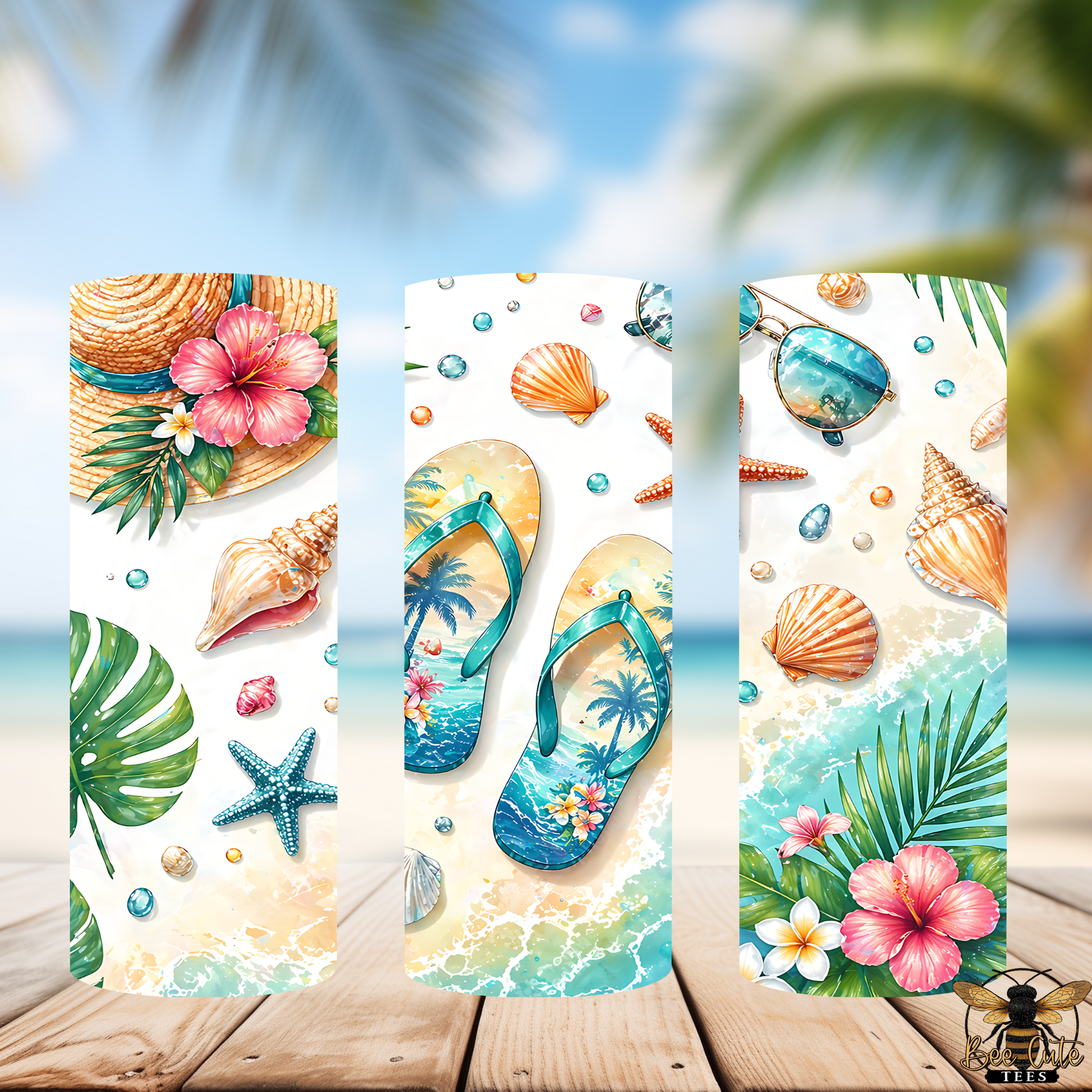 Three beach-themed tumblers with flip-flops, flowers, and shells on a wooden surface.