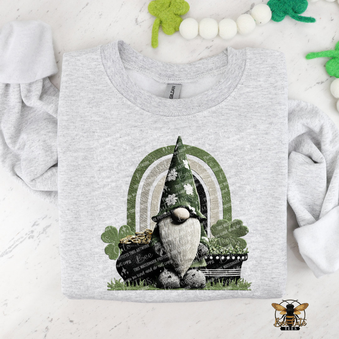 Gray t-shirt with a gnome and rainbow design on a white background