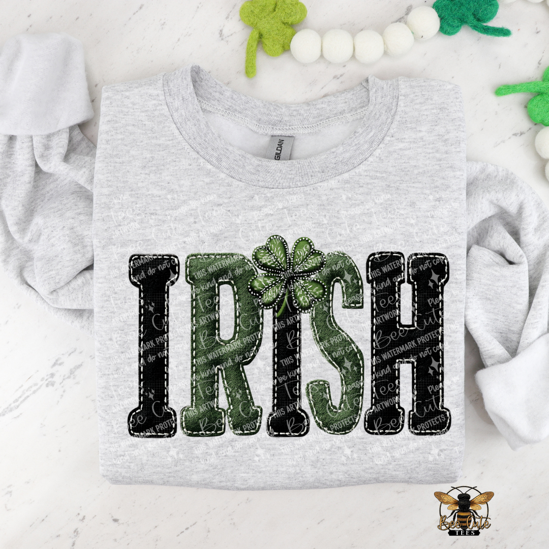 Gray t-shirt with 'IRISH' and shamrock design on a white background