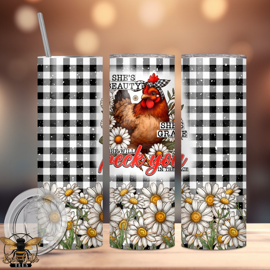 20 oz stainless steel tumbler with black and white buffalo plaid design, featuring a chicken with floral accents and daisies wrapping around the base, includes lid and straw.
