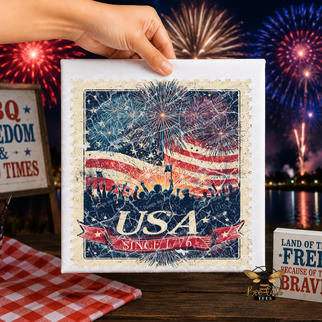 White t-shirt with American flag and fireworks design, held by a hand with fireworks in the background.