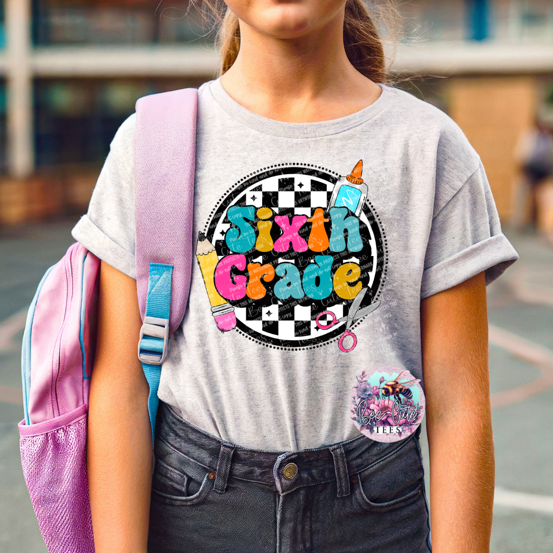Person wearing a t-shirt with 'Sixth Grade' design and a pink backpack.