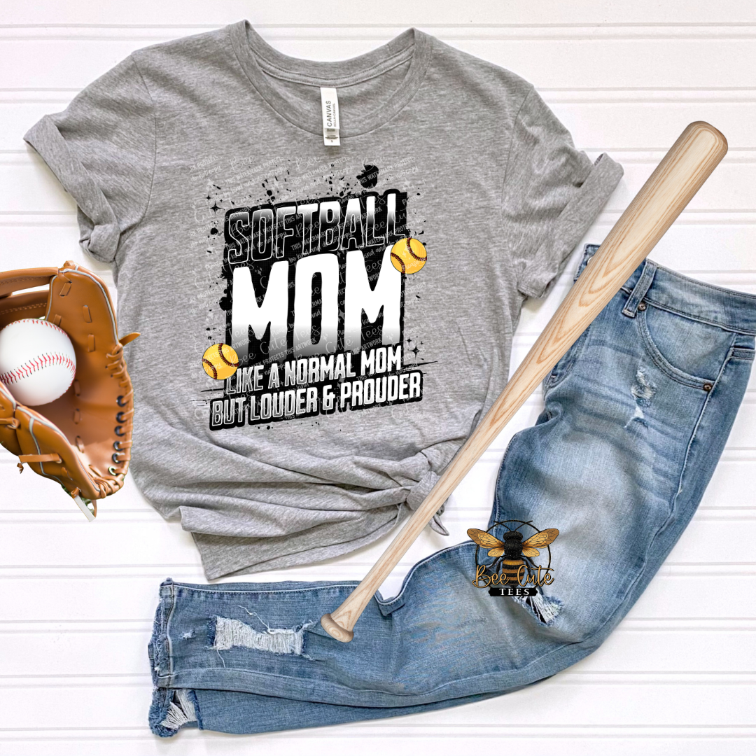 Gray t-shirt with 'Softball Mom' text, baseball bat, jeans, and baseball on a white background