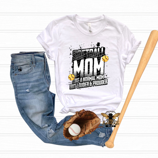 White t-shirt with 'Softball Mom' text, jeans, baseball glove, and bat on a white background
