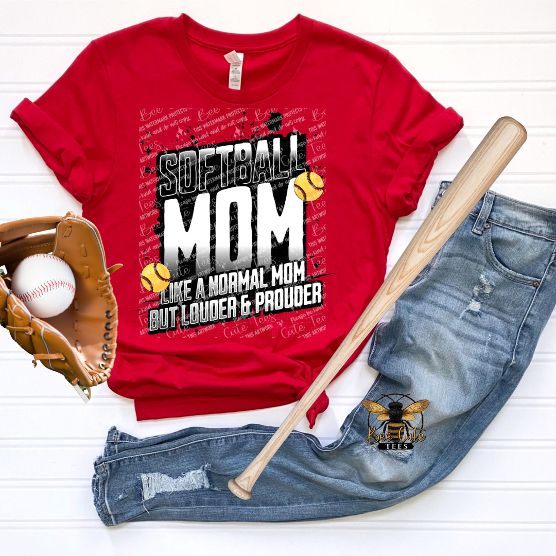 Red t-shirt with 'Softball Mom' design, baseball bat, ball, and glove on a white background