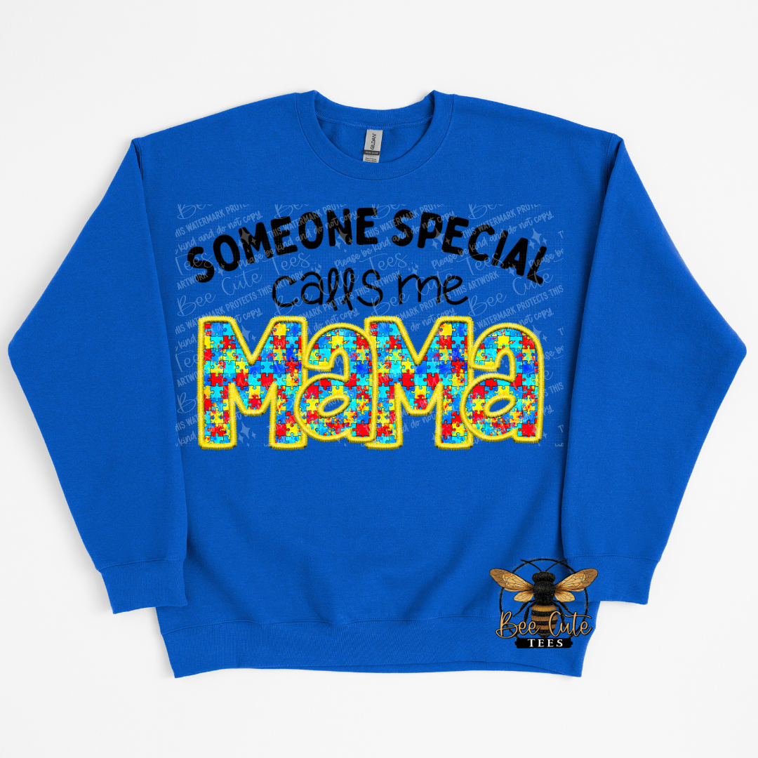 Blue sweatshirt with colorful text design on a white background