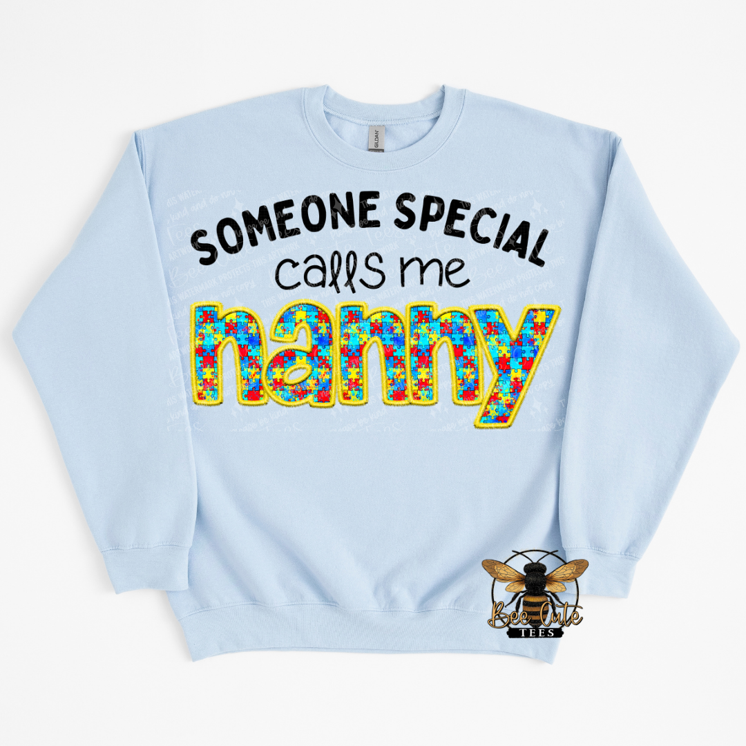 Light blue sweatshirt with colorful text design on a white background