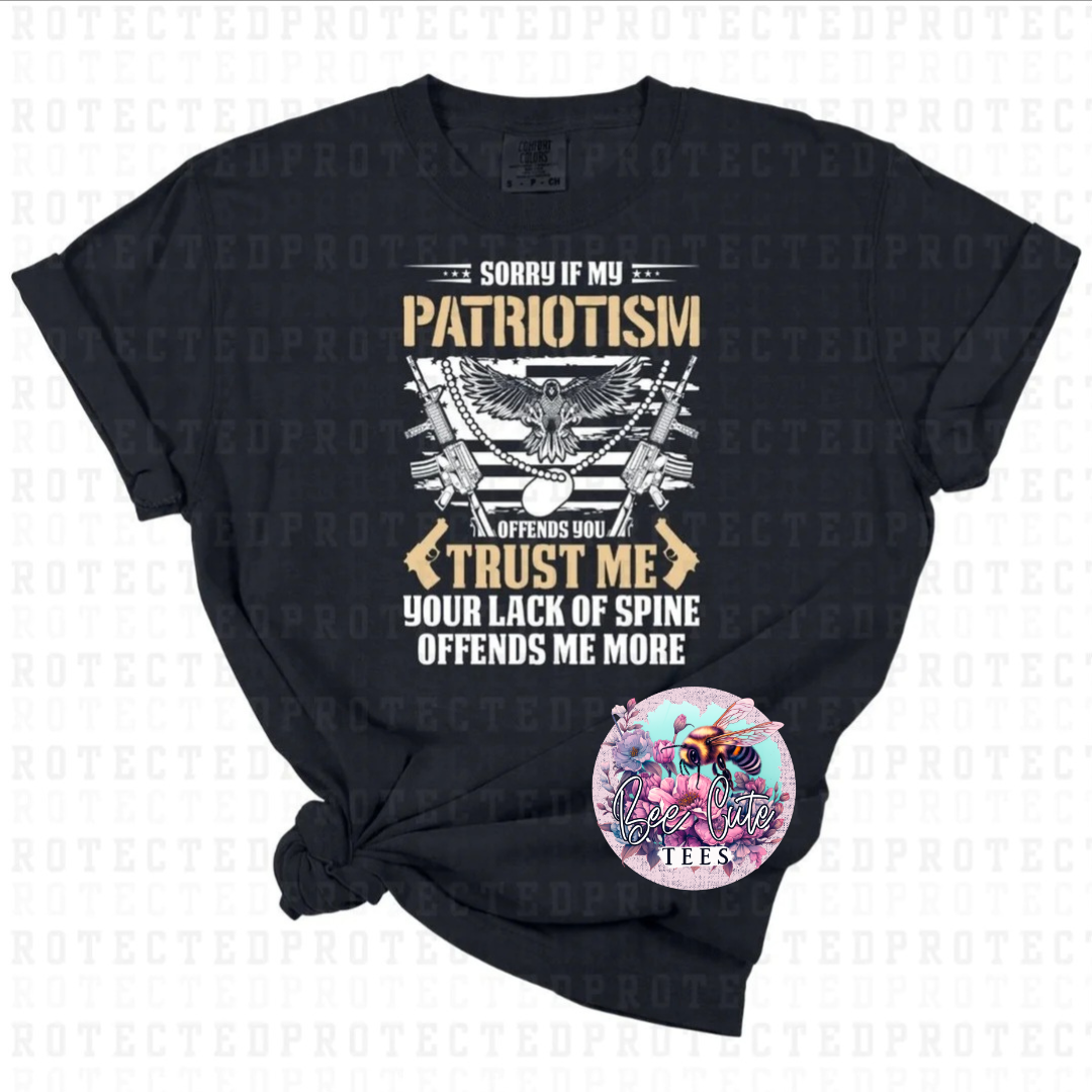 Black short-sleeve t-shirt with text and graphic design related to patriotism, accompanied by a small circular product image.