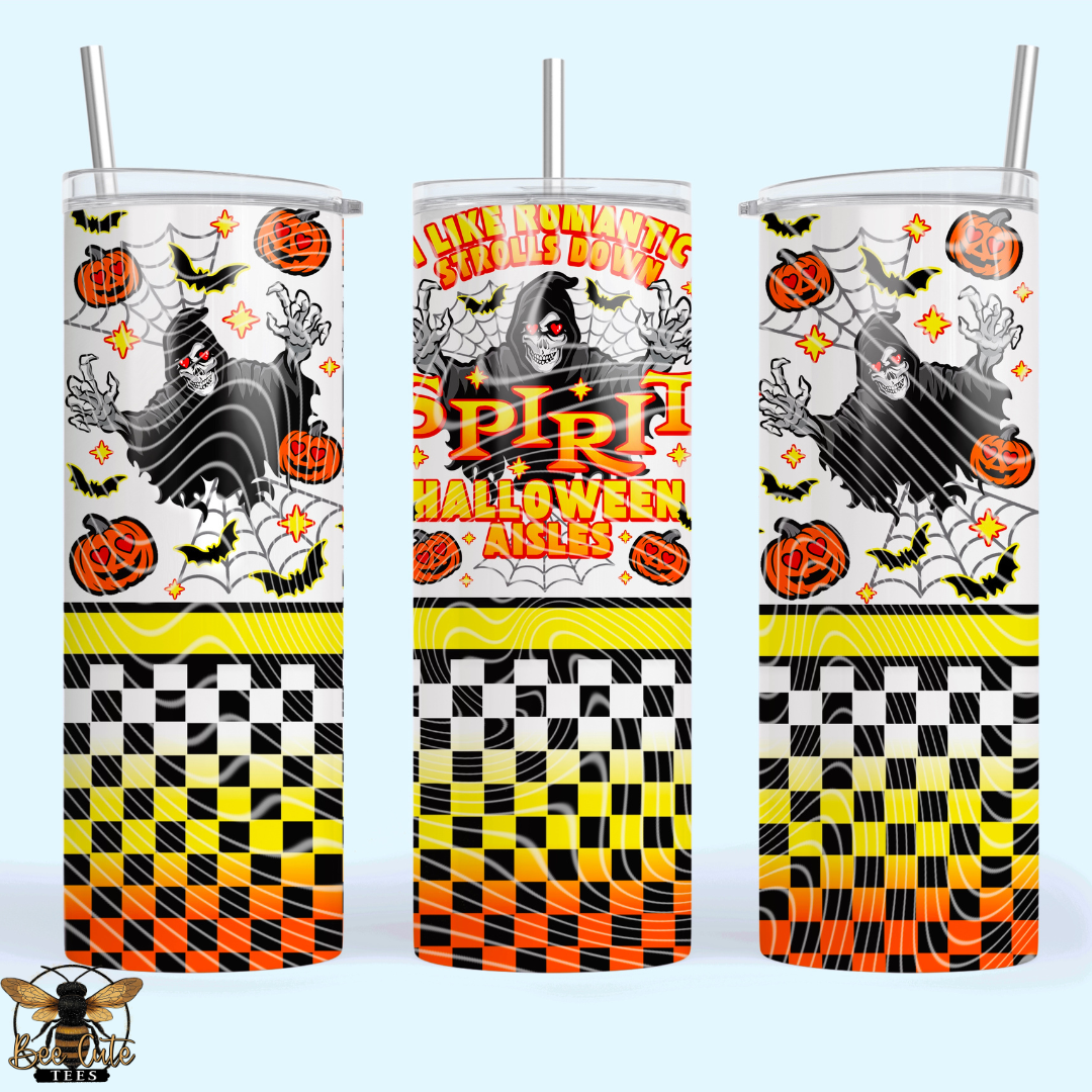 Three views of a tall insulated tumbler with a clear lid and straw, printed with a Halloween theme. The design features a black ghost, orange pumpkins, spiderwebs, bats, and a black-and-yellow checkerboard pattern transitioning into orange and yellow at the bottom.
