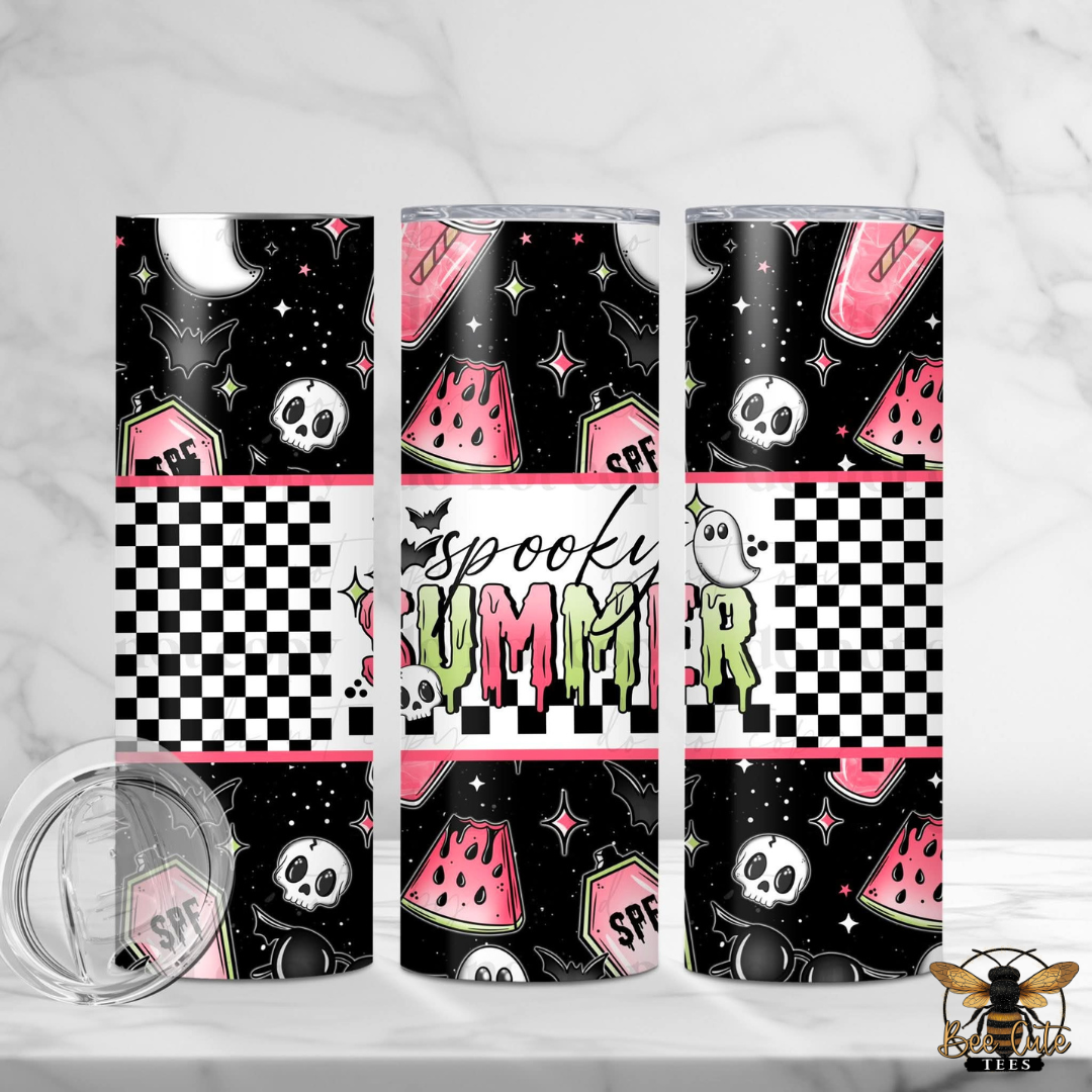 Three tumblers with 'Spooky Summer' design featuring ghosts, bats, and watermelons on a black and white checkered background.