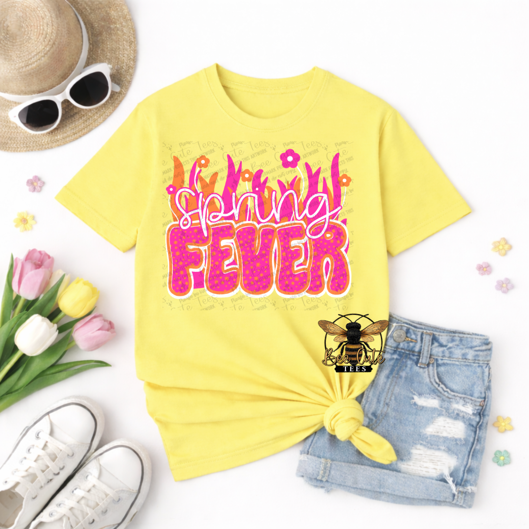 Yellow t-shirt with 'Spring Fever' design, sunglasses, shorts, tulips, and a hat on a white background.