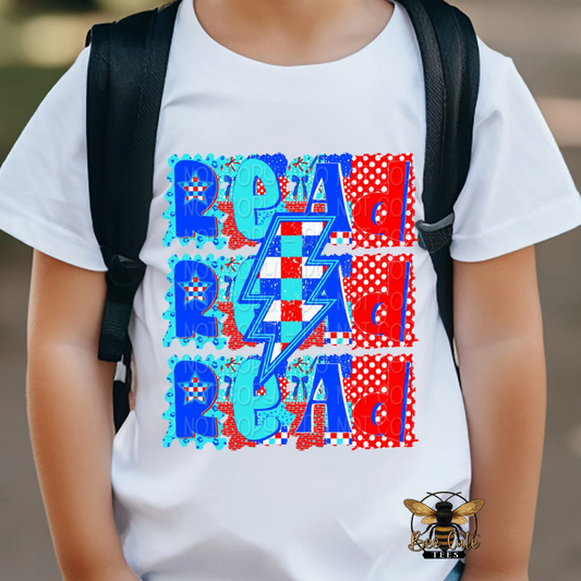 Person wearing a white t-shirt with colorful 'Read' design and a backpack.