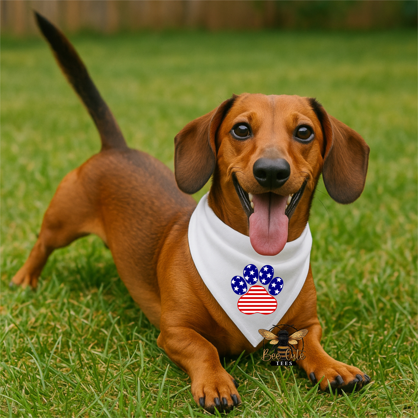 Dachshund wearing a bandana with a paw design on grass