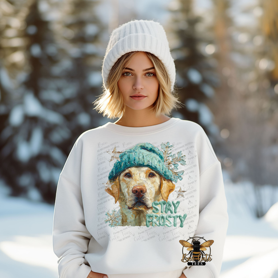 Person wearing a sweater with a dog graphic and 'Stay Frosty' text in a snowy landscape
