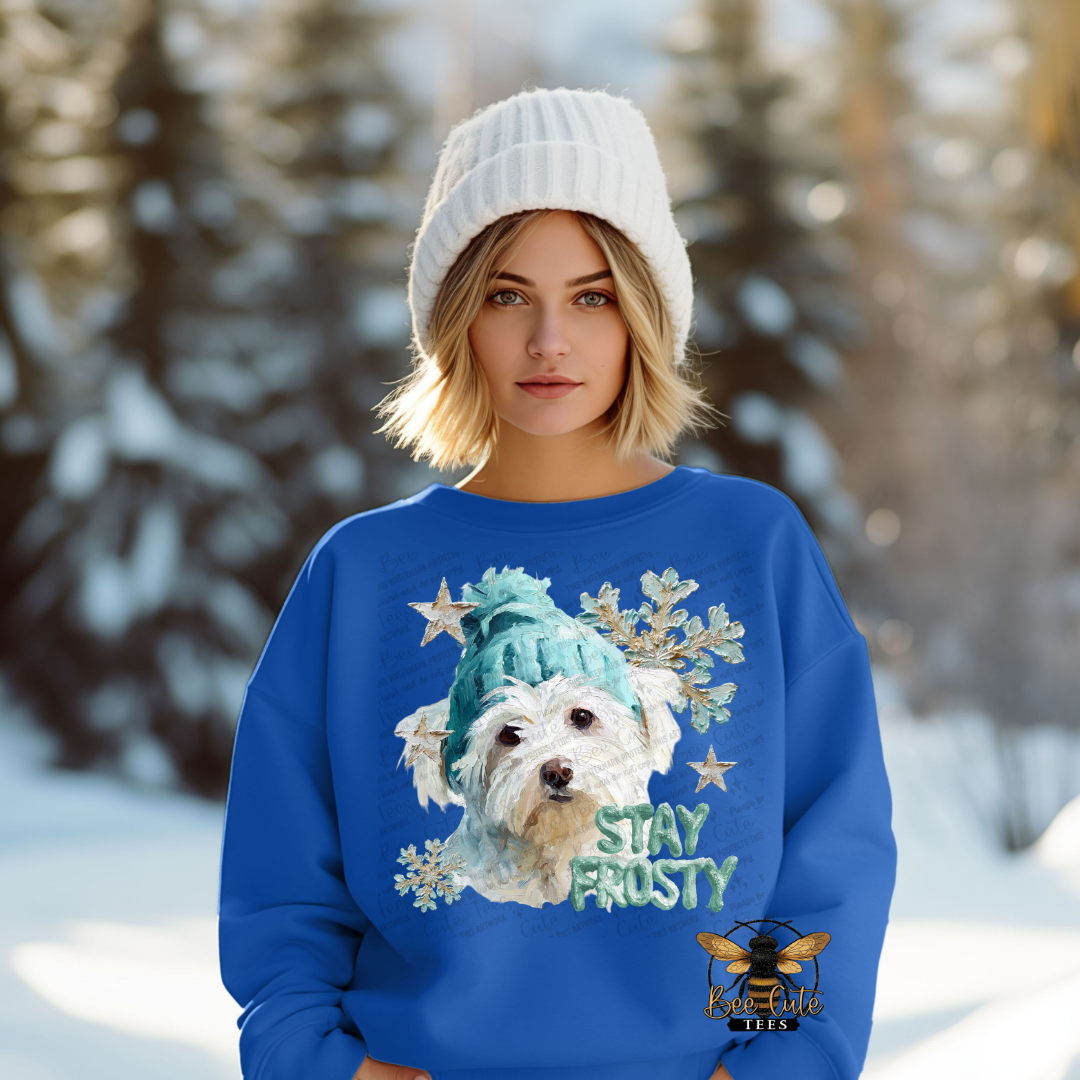 Person wearing a blue sweatshirt with a dog graphic and 'Stay Frosty' text in a snowy landscape.
