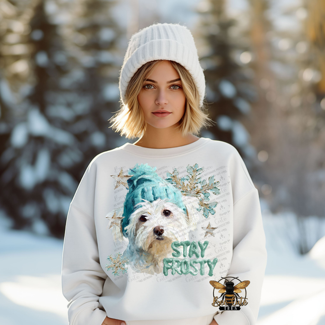 Person wearing a sweater with a dog graphic and 'Stay Frosty' text in a snowy setting