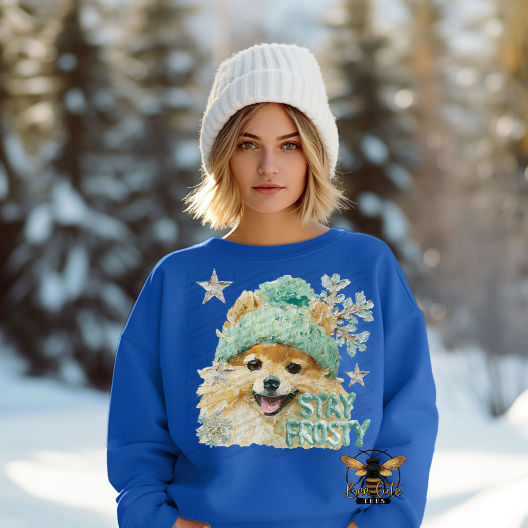 Person wearing a blue sweatshirt with a dog graphic and 'Stay Frosty' text in a snowy landscape.