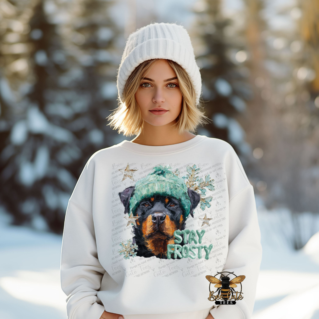 Person wearing a sweater with a dog graphic and 'Stay Frosty' text in a snowy landscape