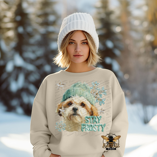Person wearing a sweater with a dog graphic and 'Stay Frosty' text in a snowy landscape