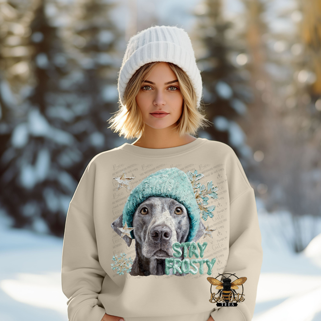 Person wearing a sweater with a dog graphic and 'Stay Frosty' text in a snowy landscape